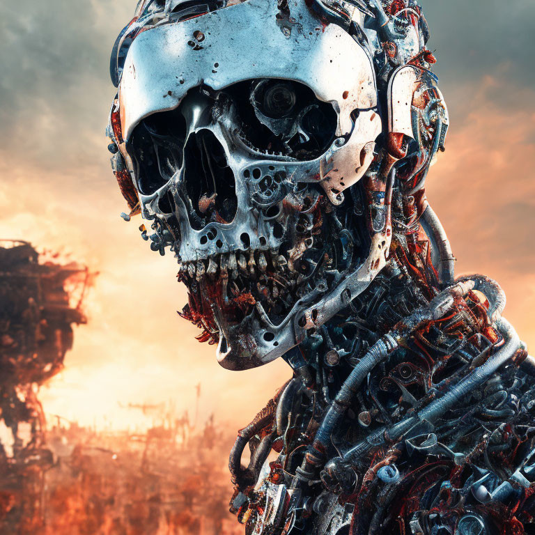 Detailed Robot with Skull-like Face in Dystopian Setting