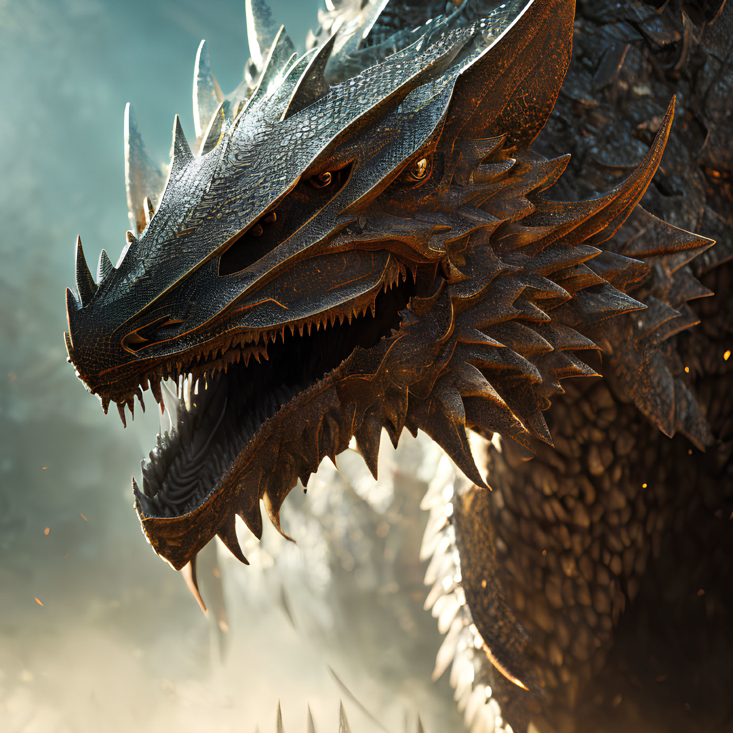 Detailed close-up of fearsome dragon head with sharp scales, horns, and teeth.