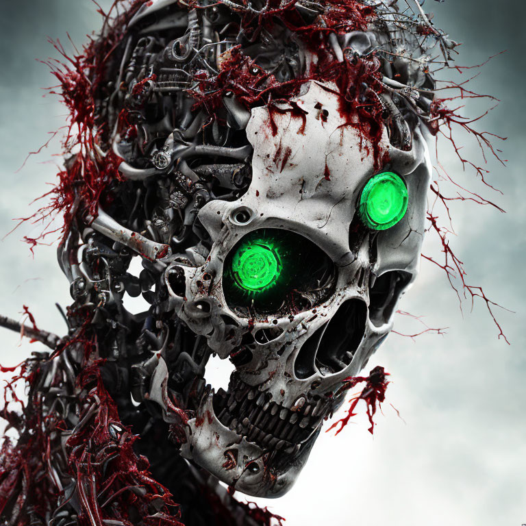 Biomechanical skull with green glowing eyes and red tendrils on misty background