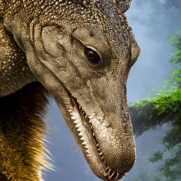 Detailed image of Tyrannosaurus Rex head with sharp teeth and textured skin against lush green backdrop