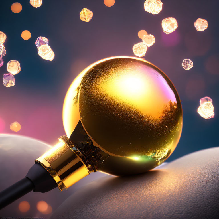 Golden Glowing Microphone on Reflective Surface with Bokeh Background