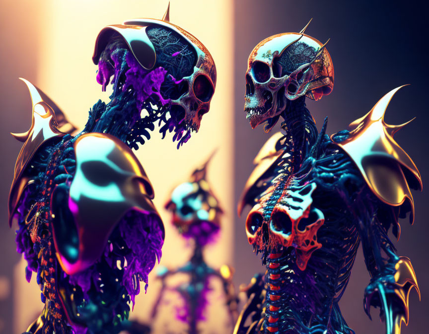 Metallic skull-faced figures in iridescent colors under dramatic lighting.