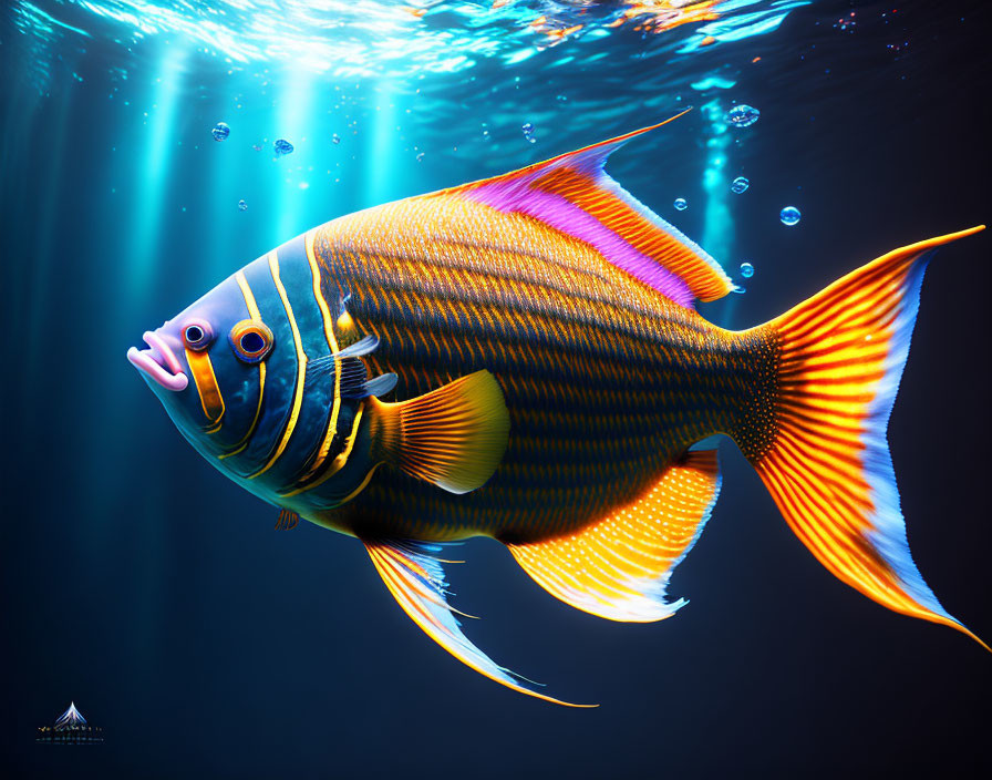 Vibrant Tropical Fish with Yellow and Blue Stripes in Underwater Scene