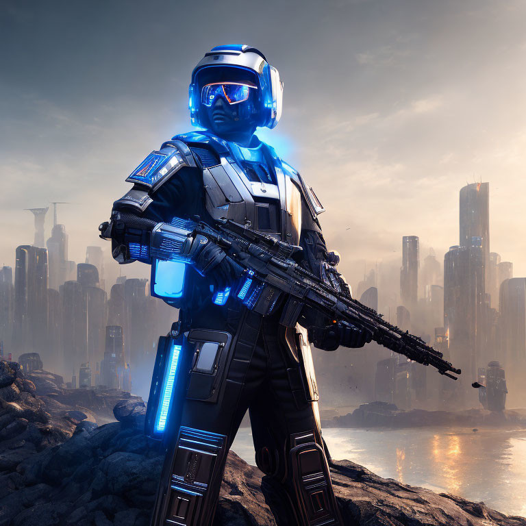 Futuristic soldier in advanced armor suit with glowing blue lights and rifle in dystopian cityscape at