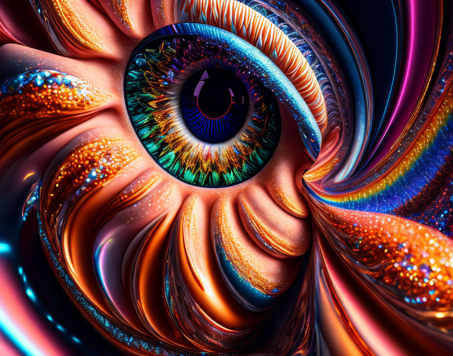 Colorful Eye Art with Swirling Metallic Patterns