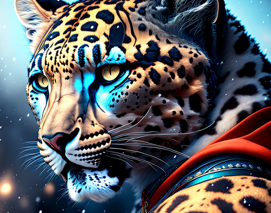 Half-jaguar half-woman digital art with vibrant blue and orange colors