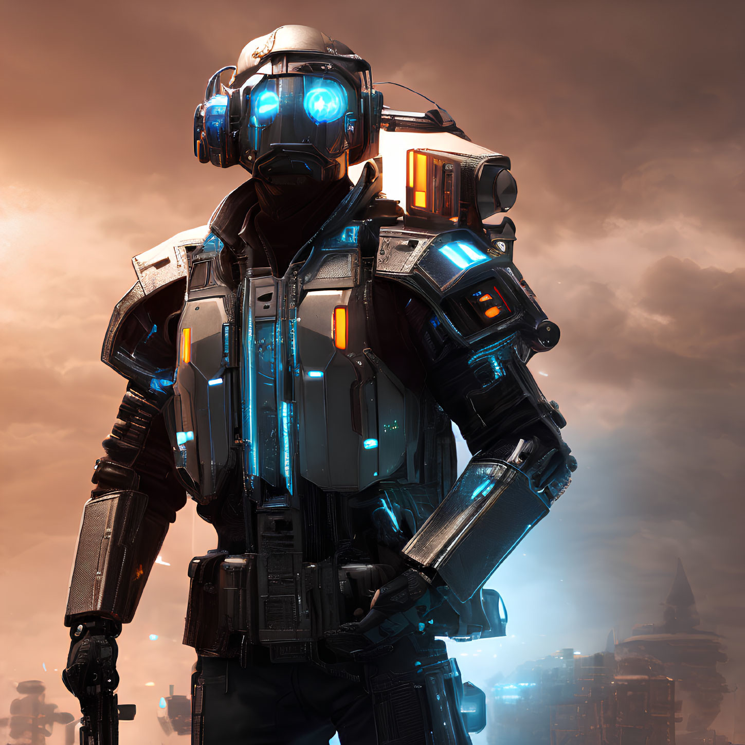 Futuristic soldier in advanced armor against dystopian skyline.