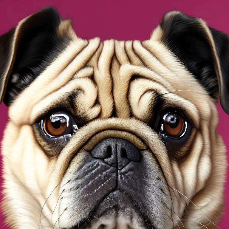 Adorable pug with expressive eyes on pink backdrop