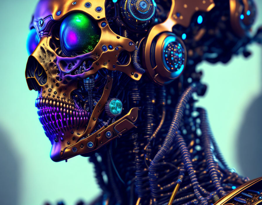 Detailed mechanical robot with skull-like head and vibrant orbs.