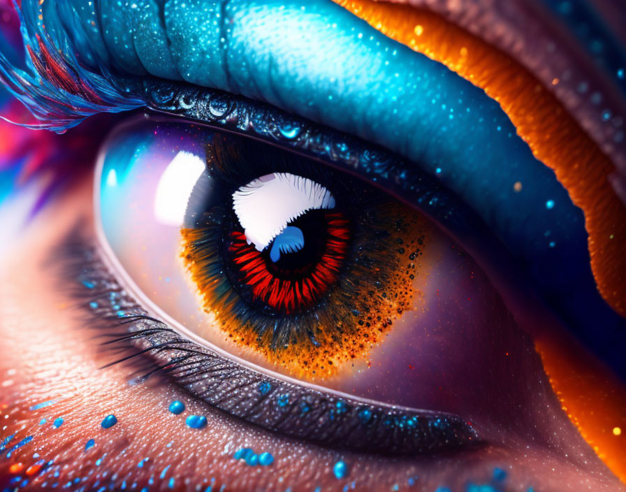 Detailed Close-Up of Blue and Orange Eyeshadow Eye Makeup