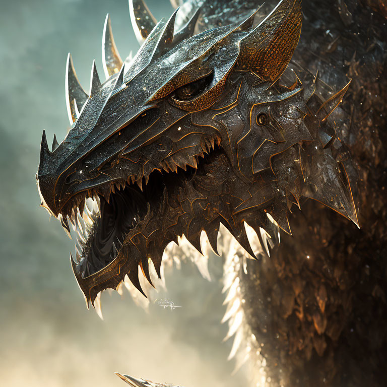 Detailed Dragon Head with Spikes, Textured Scales, and Sharp Teeth