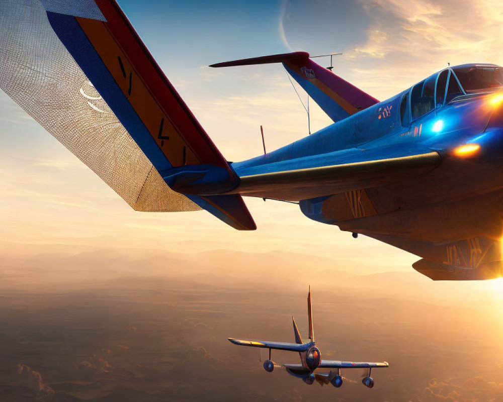 Two aircraft in a sunset sky, one with detailed wing in foreground.