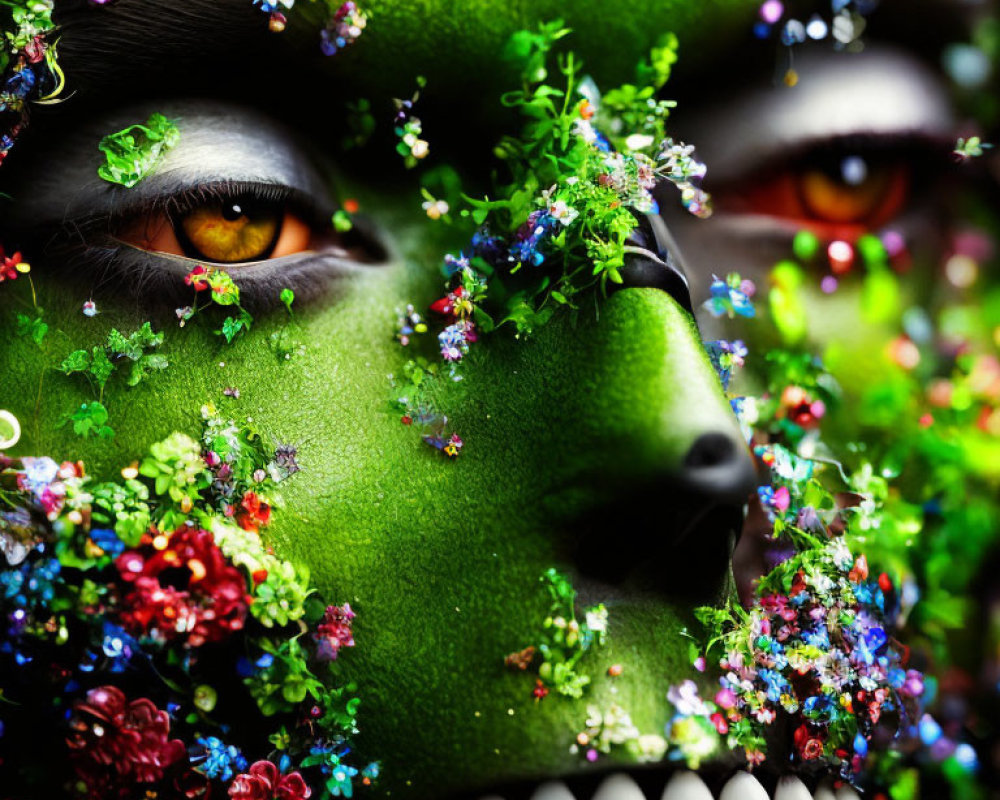 Close-Up Portrait: Green Skin with Flowers, Focused Eyes, White Teeth