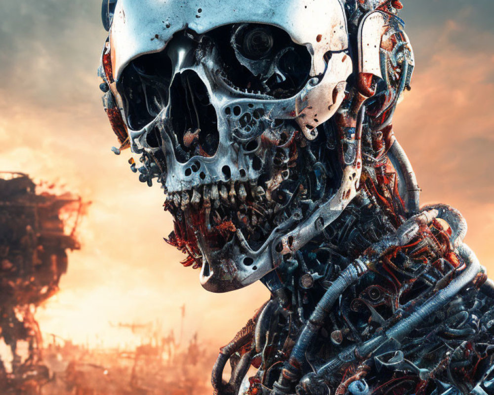 Detailed Robot with Skull-like Face in Dystopian Setting