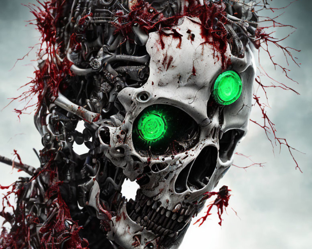 Biomechanical skull with green glowing eyes and red tendrils on misty background