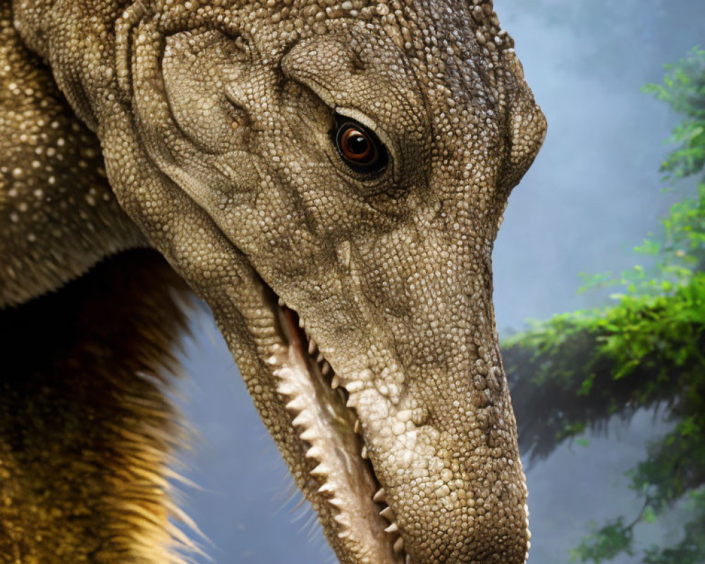 Detailed image of Tyrannosaurus Rex head with sharp teeth and textured skin against lush green backdrop