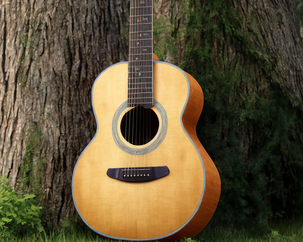 Acoustic Guitar Leaning Against Tree on Green Grass