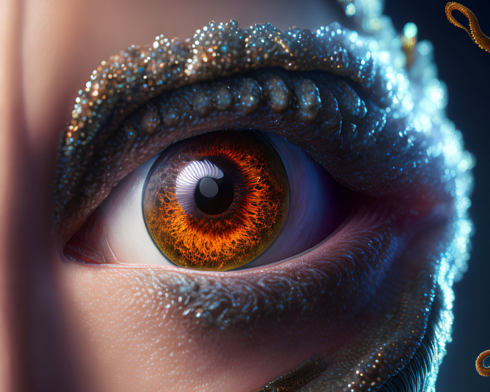 Detailed Close-Up of Orange Iris Eye with Sparkling Makeup