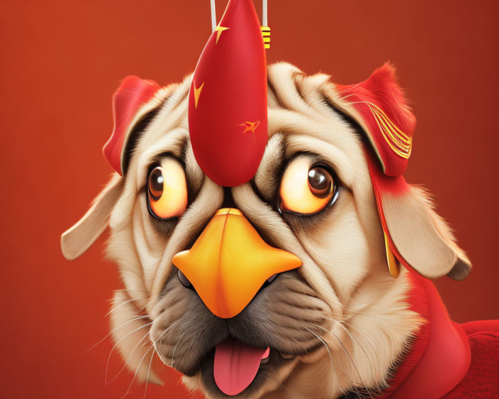 Whimsical 3D illustration of a pug with Chinese elements and a red firecracker