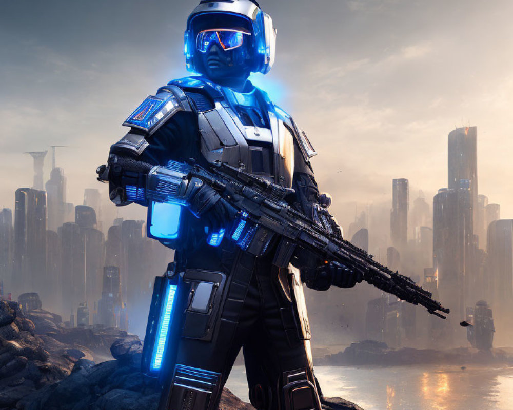 Futuristic soldier in advanced armor suit with glowing blue lights and rifle in dystopian cityscape at