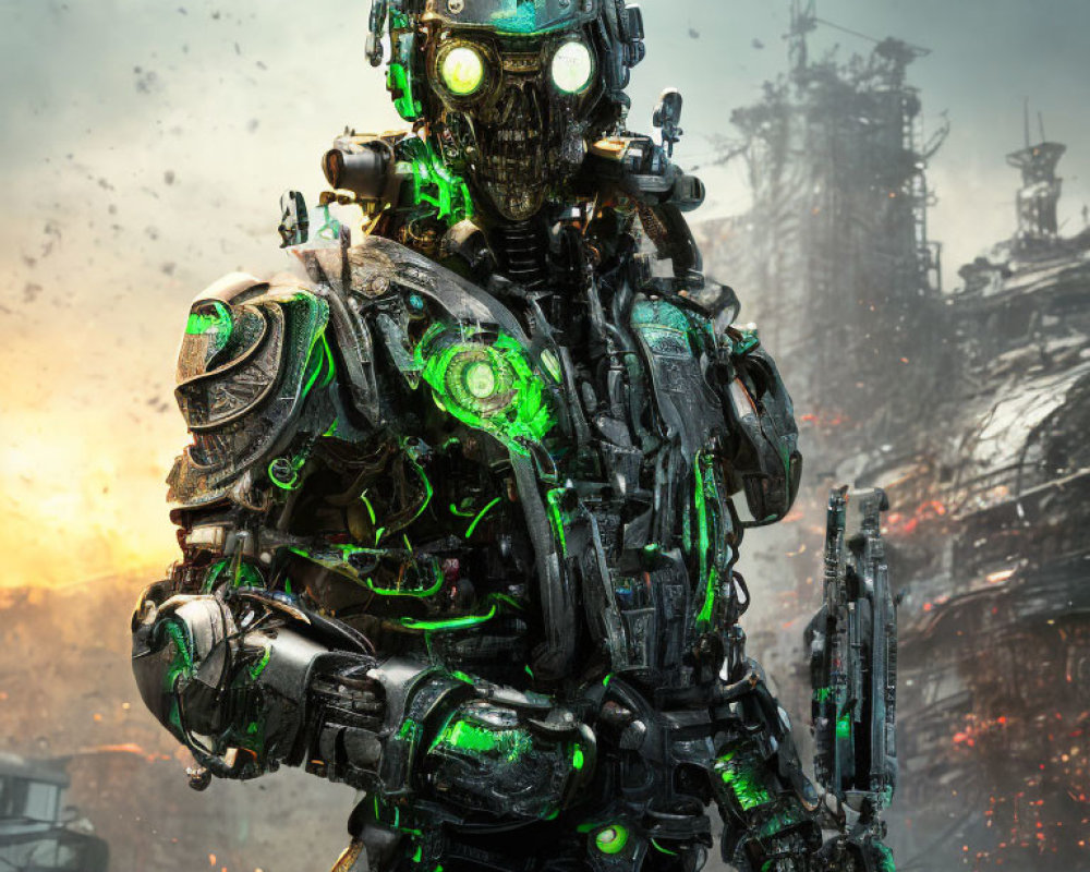 Detailed Robot with Green Glowing Parts in Post-Apocalyptic Scene