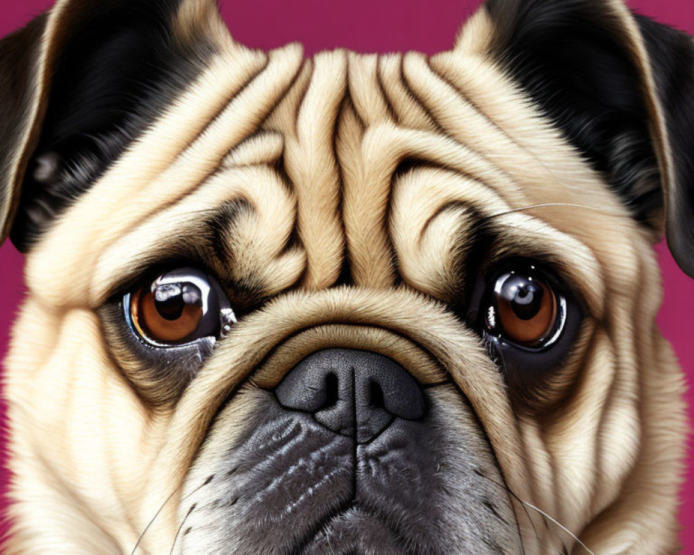 Adorable pug with expressive eyes on pink backdrop