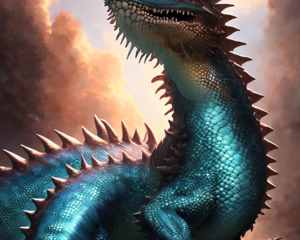 Blue dragon with spikes and scales under dramatic sky