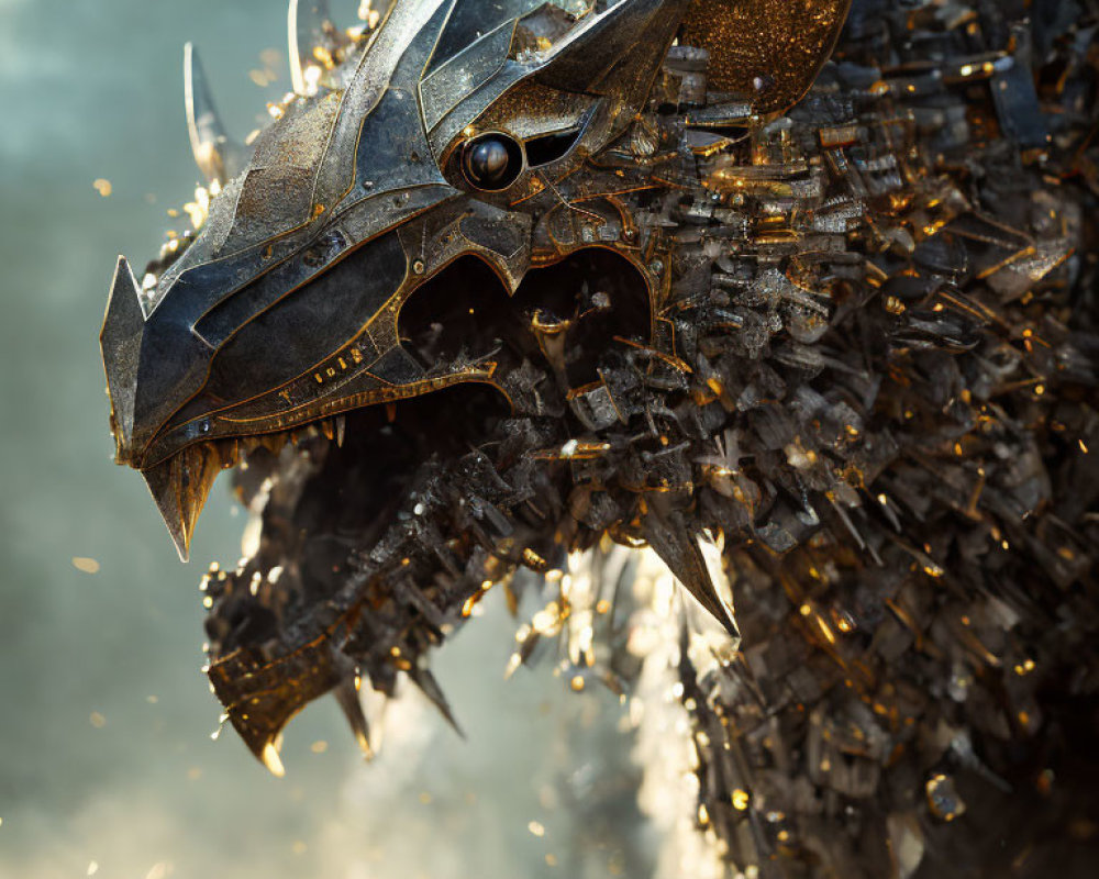 Detailed Close-Up of Metallic Dragon Head with Sharp Spikes and Scales