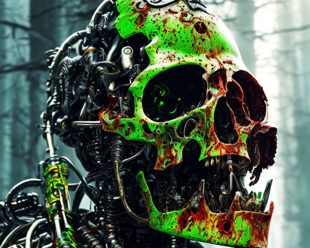 Rusted robotic skull with green splatters in misty forest setting