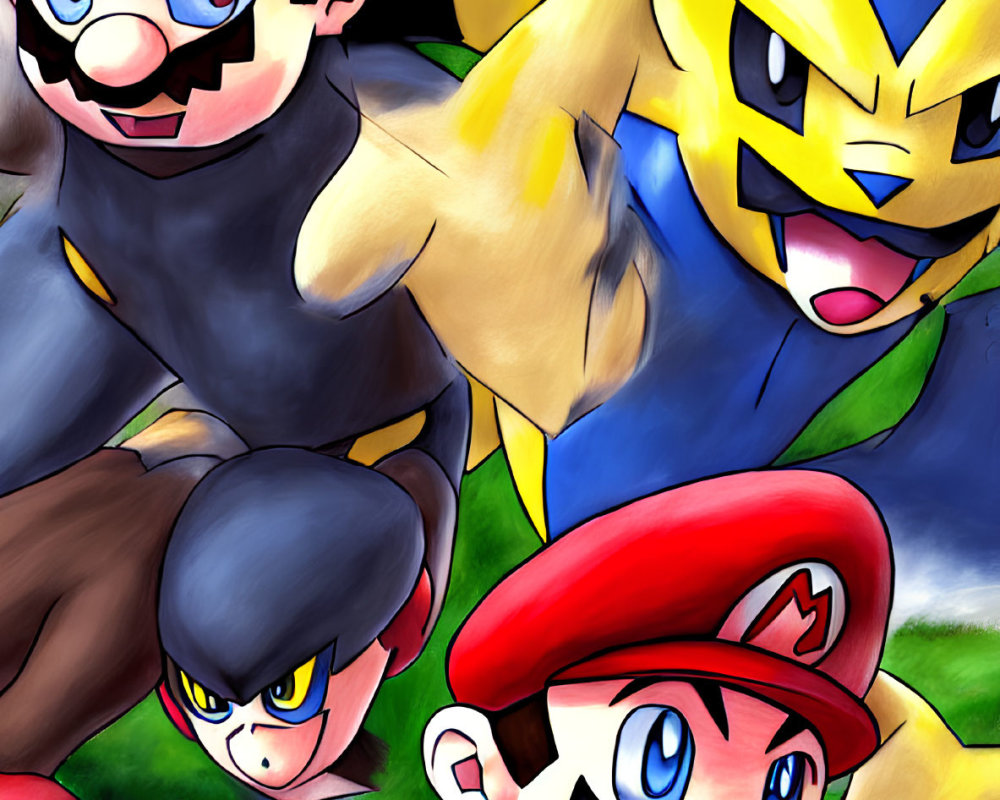 Vibrant artwork of animated characters: Mario, red-capped figure, and Pikachu lookalike