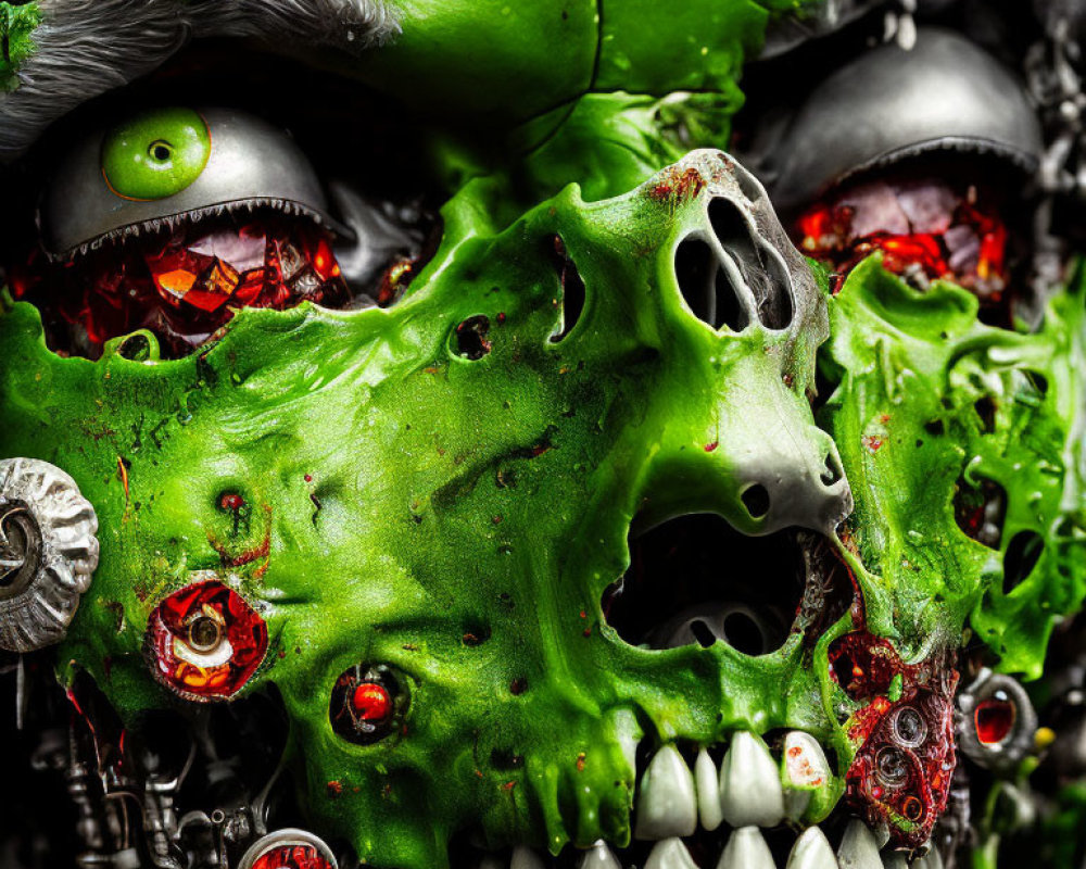 Grotesque green face with multiple eyes and mechanical parts in vibrant red textures