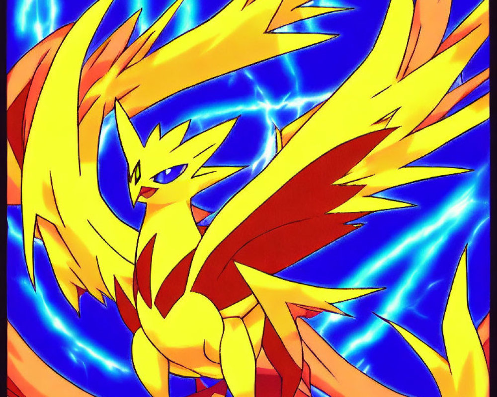 Colorful drawing of fiery bird Pokémon in blue energy swirls