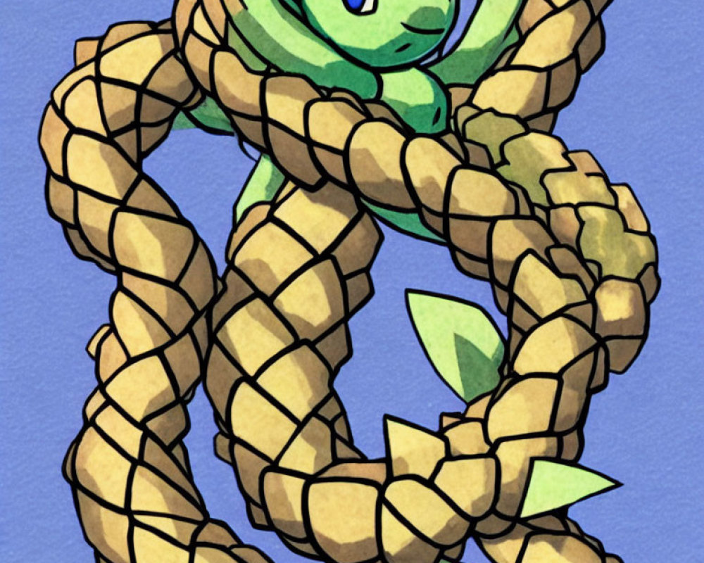 Green snake with big eyes and leaf-shaped appendages in brown rope on blue background