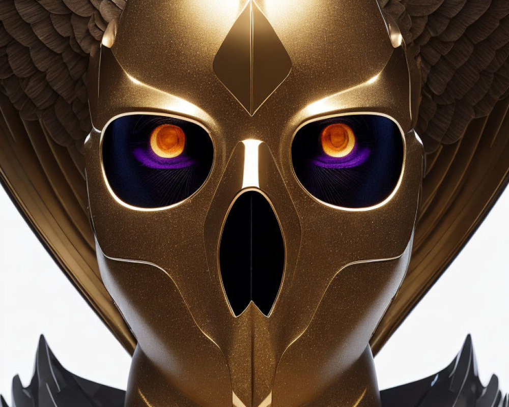 Golden owl mask with glowing purple eyes on metallic background