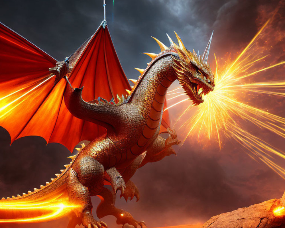 Majestic dragon with outstretched wings on rocky cliff under red sky