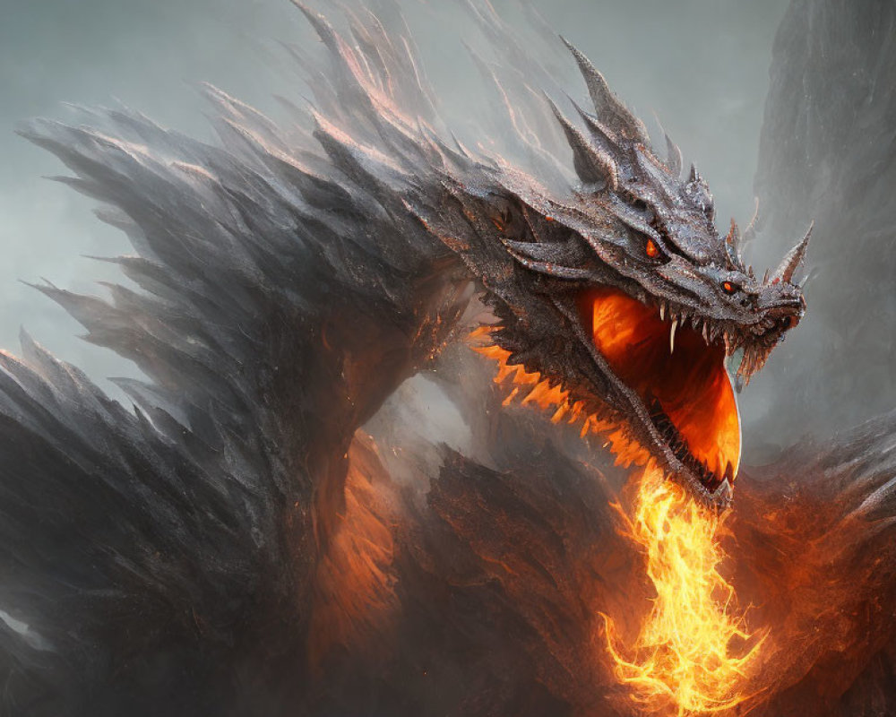 Dark-scaled dragon breathing fire in swirling smoke