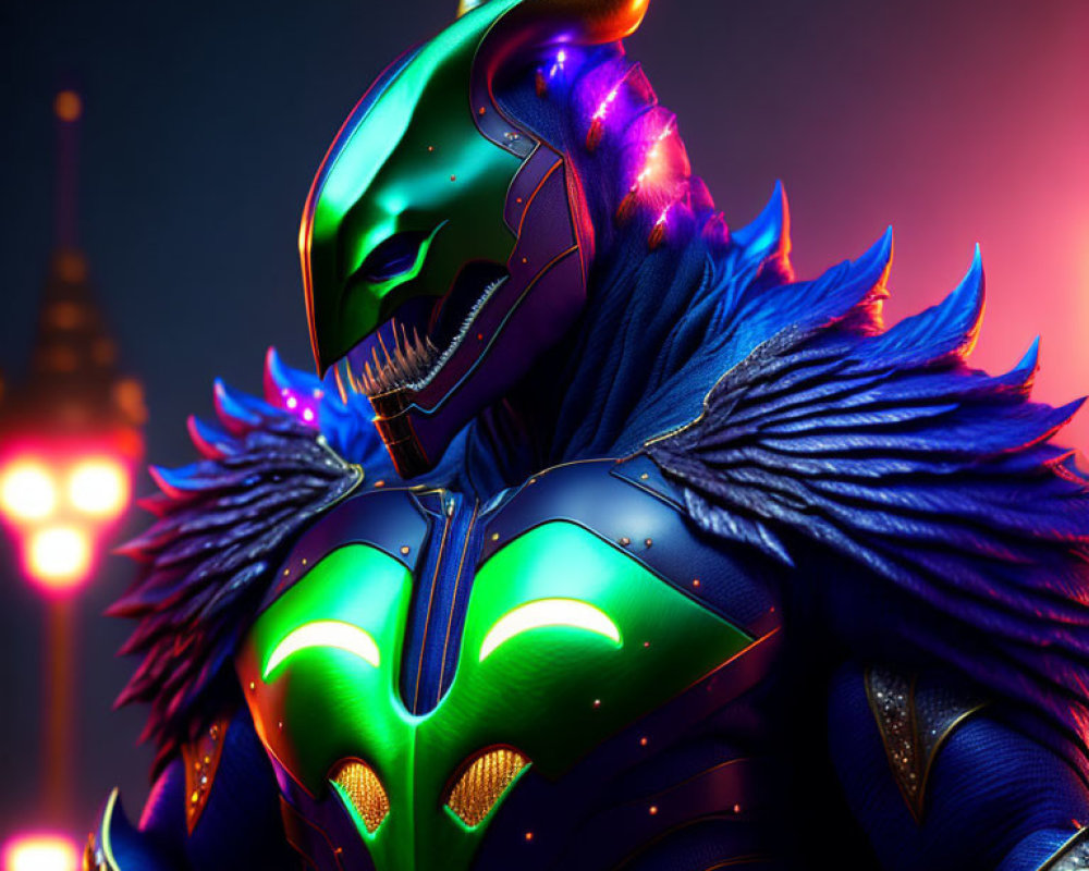 Colorful futuristic character in armor with glowing accents, horns, and feather collar on cityscape background.