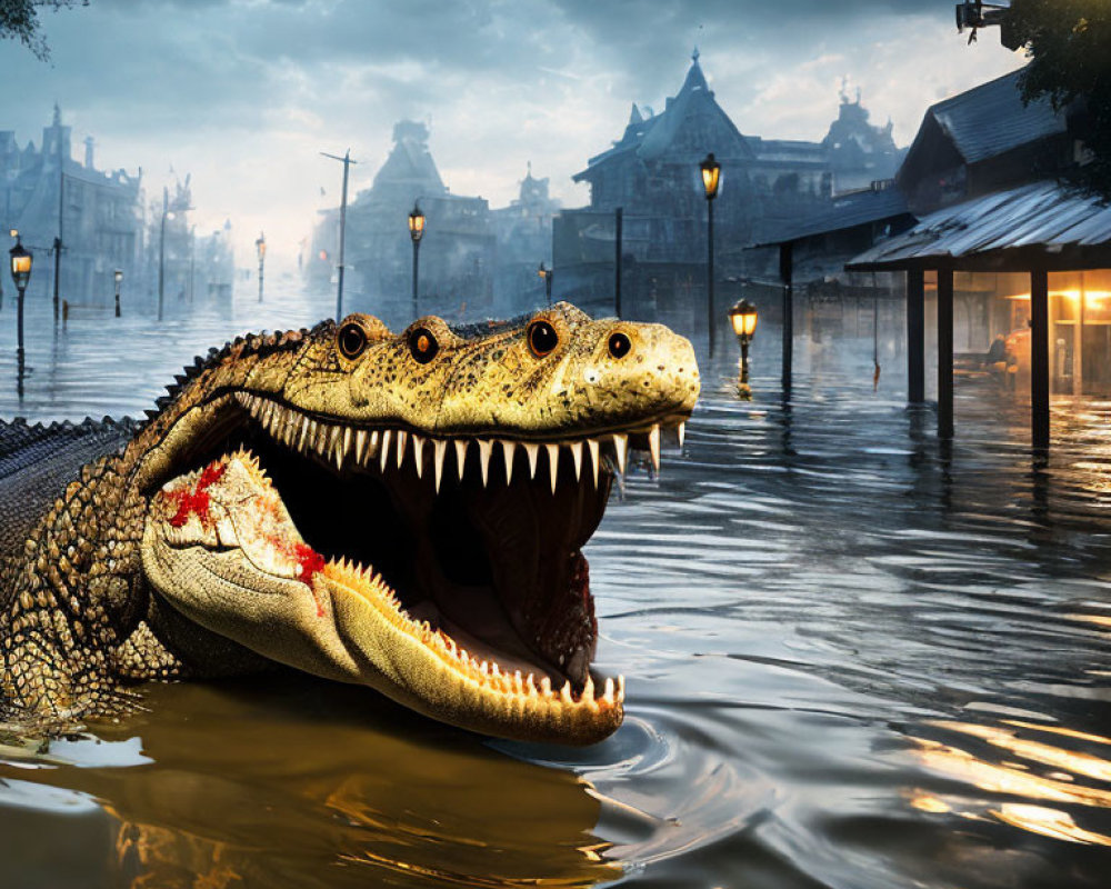 Large Crocodile Emerges from Floodwaters in Cityscape Twilight