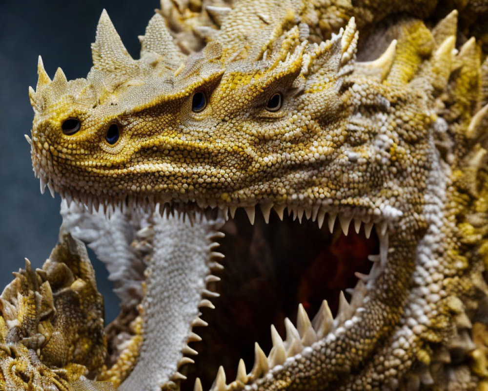 Fearsome three-headed dragon with golden scales and sharp teeth