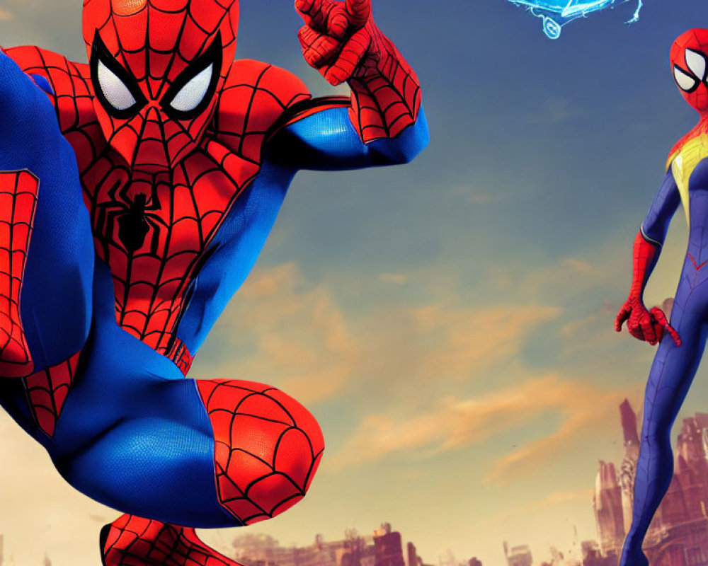 Classic and Female Spider-Man Characters in Heroic Pose Against Cityscape and Cloudy Sky