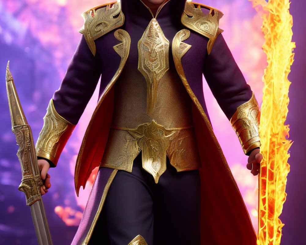 Fantasy character in purple and gold cloak with flaming sword and mystical backdrop