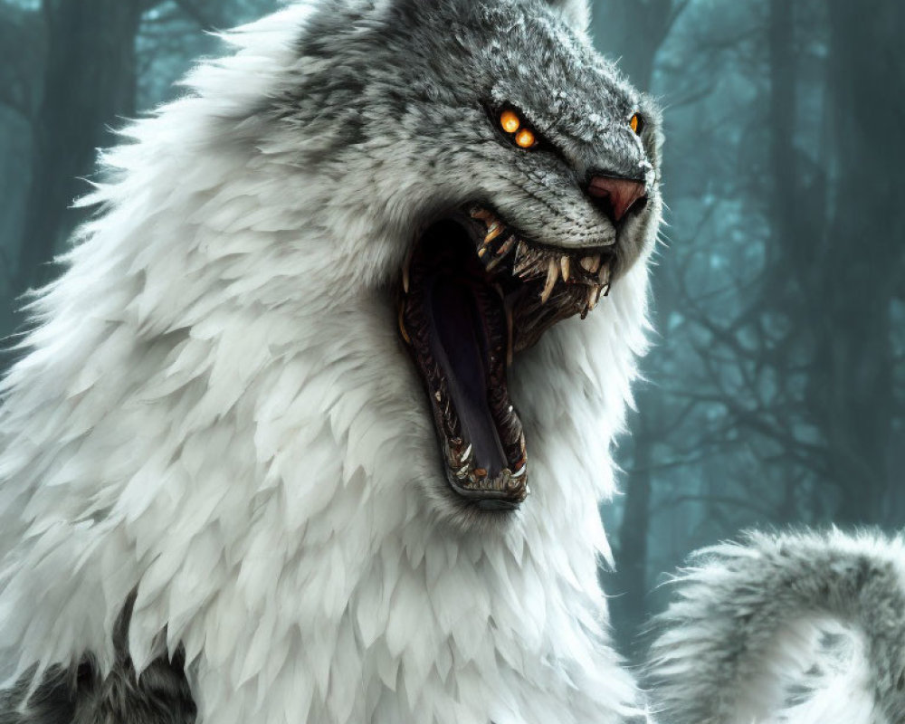 White-Furred Creature with Glowing Orange Eyes in Misty Forest