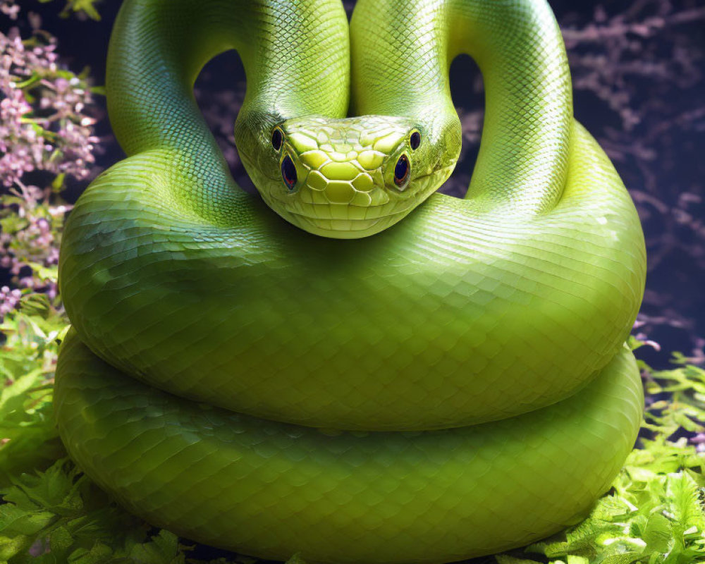 Vivid Green Snake Coiled Among Dense Foliage and Purple Flowers