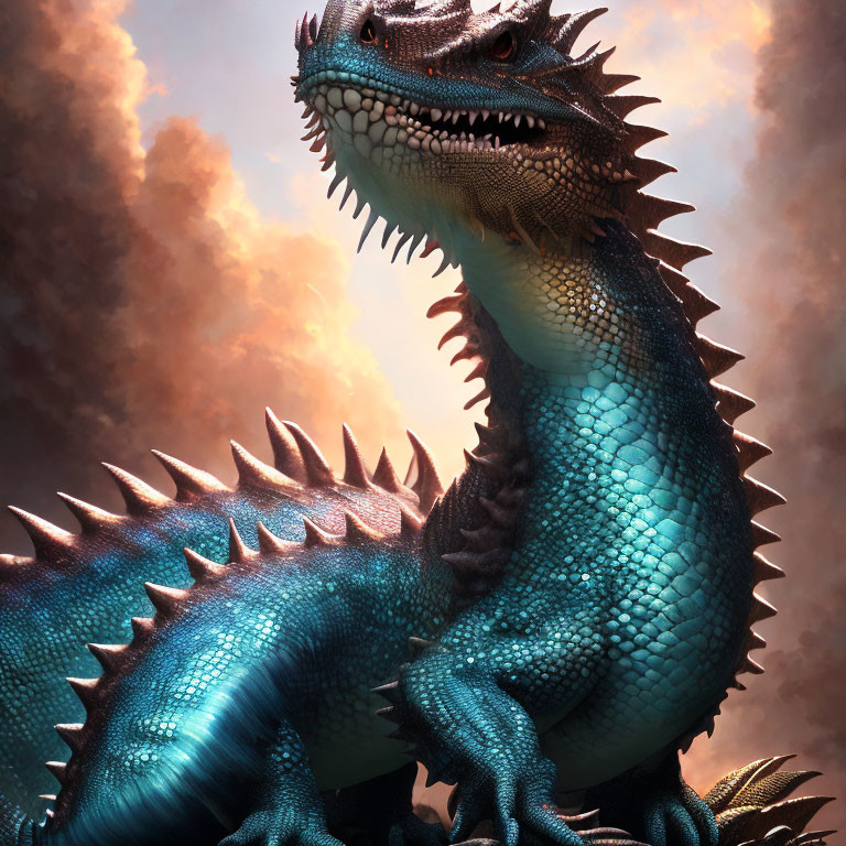 Blue dragon with spikes and scales under dramatic sky