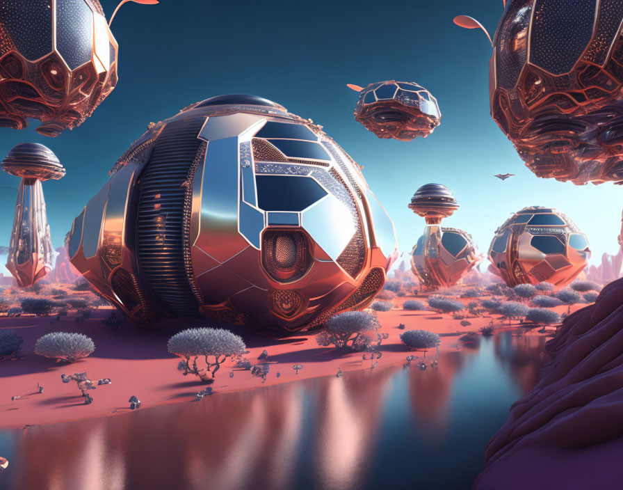 Alien landscape with hovering spherical structures