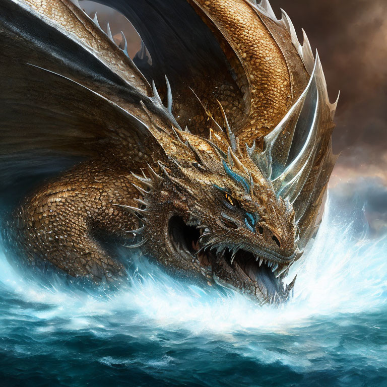 Majestic dragon with glistening scales and horns in stormy sea scene