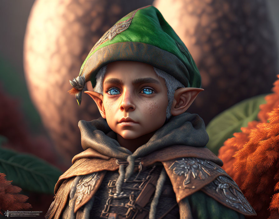 Detailed digital artwork of fantasy elf child with blue eyes, green hat, and brown cloak in nature setting