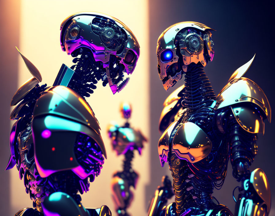 Detailed humanoid robots in close encounter against illuminated backdrop