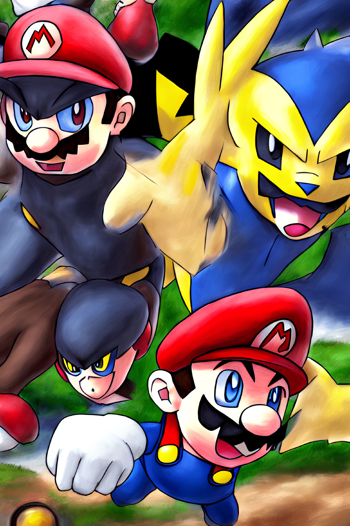 Vibrant artwork of animated characters: Mario, red-capped figure, and Pikachu lookalike