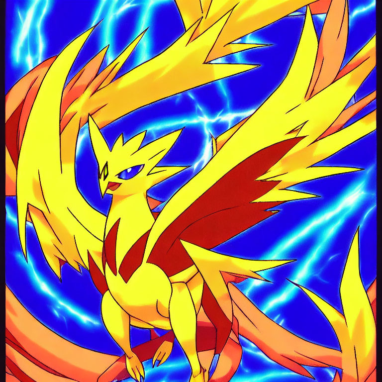 Colorful drawing of fiery bird Pokémon in blue energy swirls